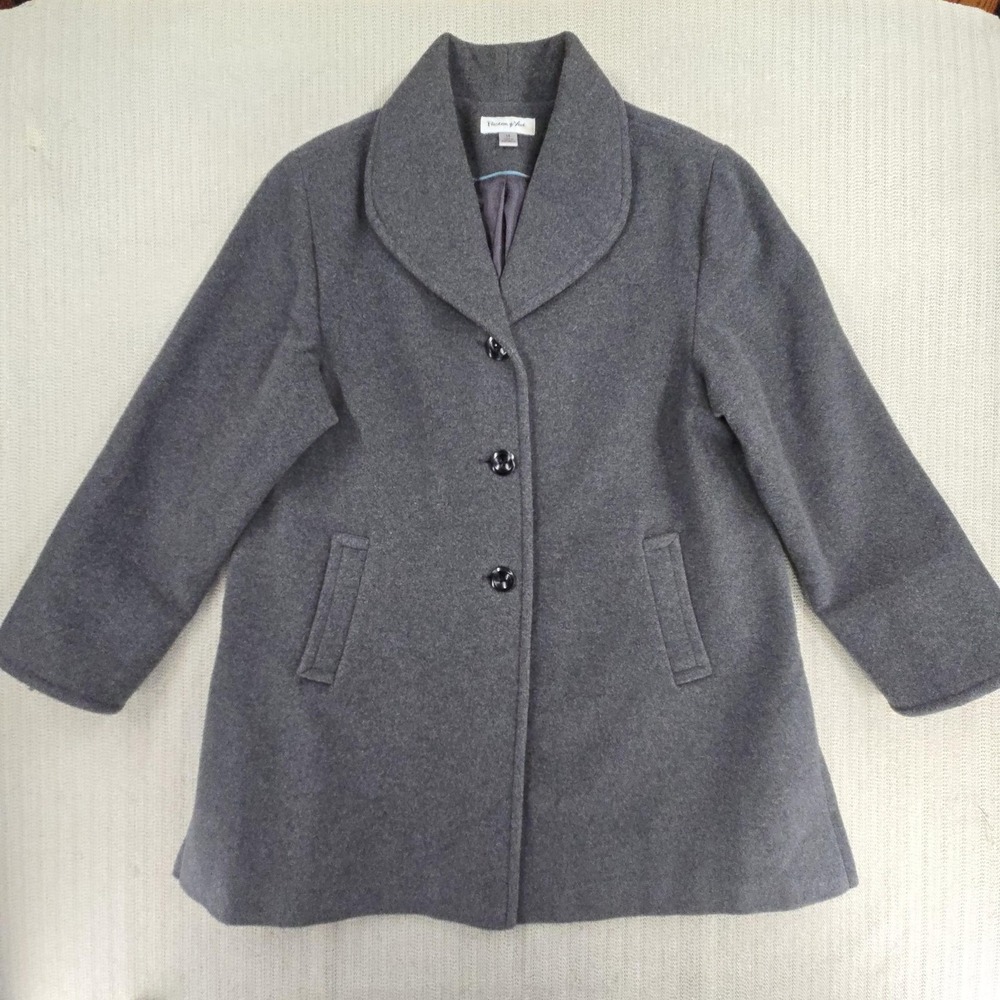 Preston & York Coat Womens 14 Gray Wool Blend Single Breasted Mid Length Pockets